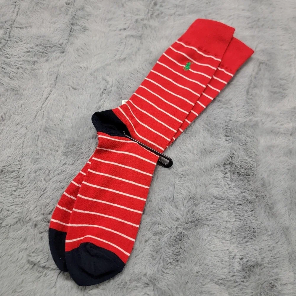 Polo Ralph Lauren Socks Mens 10-13 Red Stripe Pony Embroidered Mid Calf Cotton